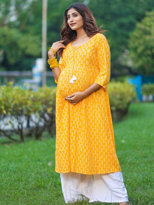 Yellow Cotton Printed Maternity Feeding Flared Kurta