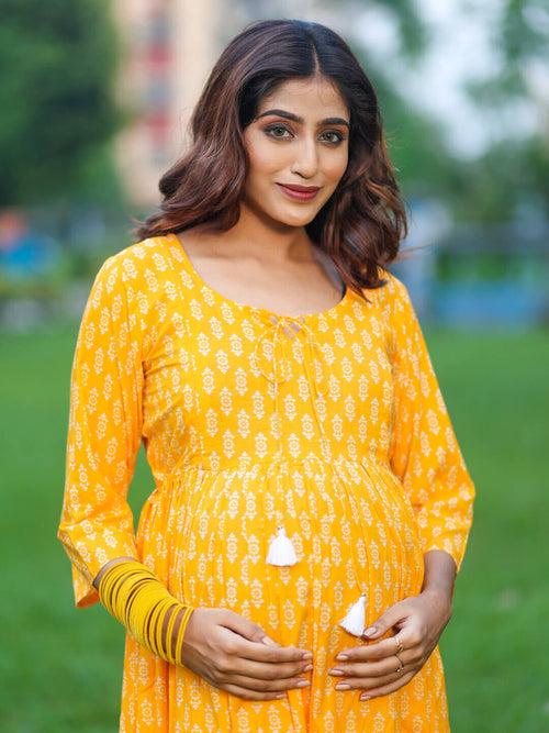 Yellow Cotton Printed Maternity Feeding Flared Kurta