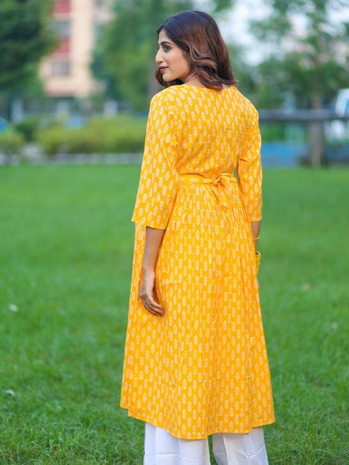 Yellow Cotton Printed Maternity Feeding Flared Kurta