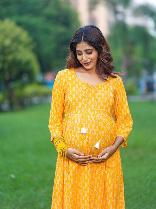 Yellow Cotton Printed Maternity Feeding Flared Kurta