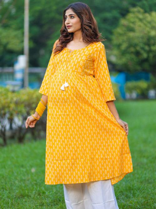 Yellow Cotton Printed Maternity Feeding Flared Kurta