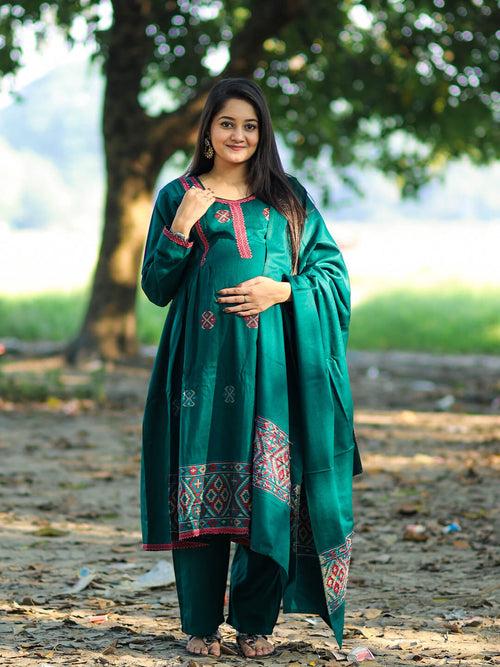 Bottle Green Woolen Kullu Patti Maternity Feeding Flared Kurta Set with Shawl