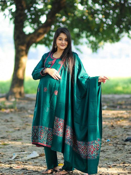 Bottle Green Woolen Kullu Patti Maternity Feeding Flared Kurta Set with Shawl