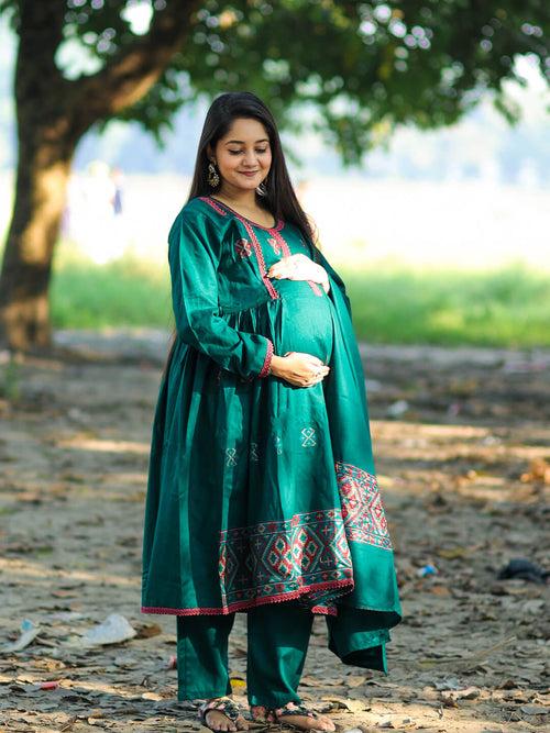 Bottle Green Woolen Kullu Patti Maternity Feeding Flared Kurta Set with Shawl