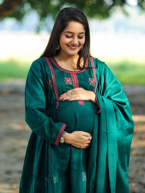 Bottle Green Woolen Kullu Patti Maternity Feeding Flared Kurta Set with Shawl