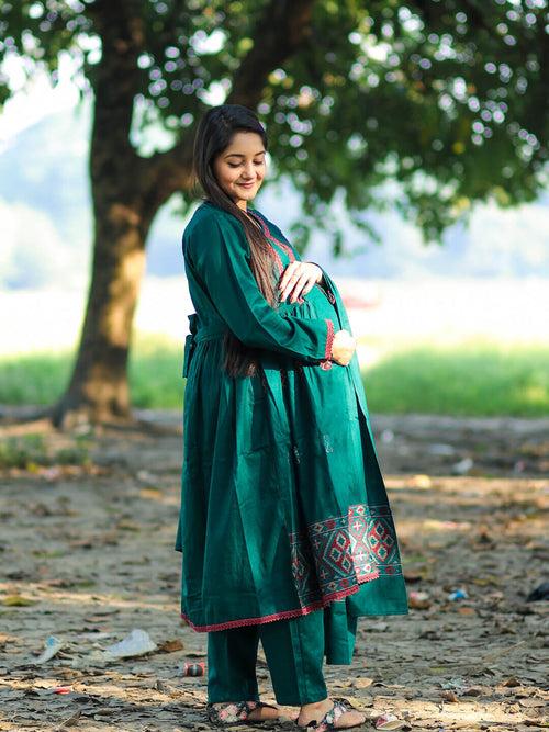 Bottle Green Woolen Kullu Patti Maternity Feeding Flared Kurta Set with Shawl