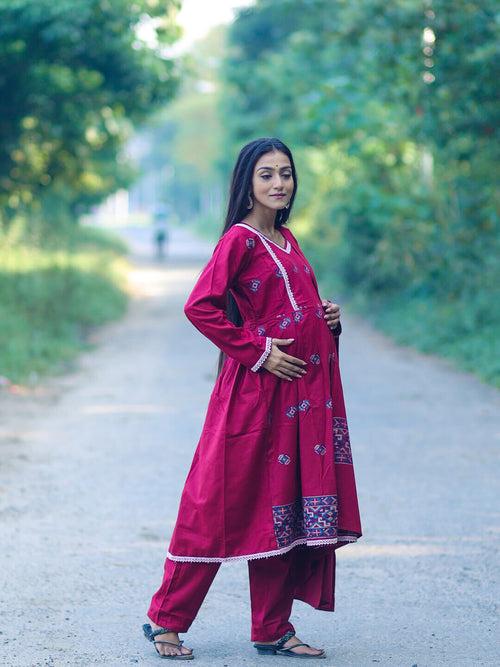 Maroon Woolen Kullu Patti Maternity Feeding Flared Kurta Set with Shawl