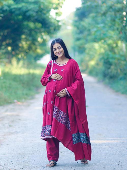 Maroon Woolen Kullu Patti Maternity Feeding Flared Kurta Set with Shawl