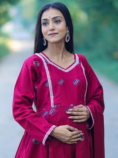 Maroon Woolen Kullu Patti Maternity Feeding Flared Kurta Set with Shawl