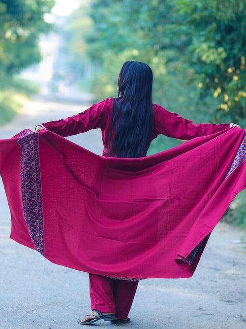 Maroon Woolen Kullu Patti Maternity Feeding Flared Kurta Set with Shawl