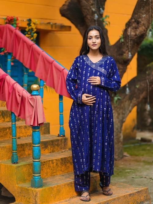 Navy Blue Woolen Zari Buti Maternity Feeding Flared Kurta Set