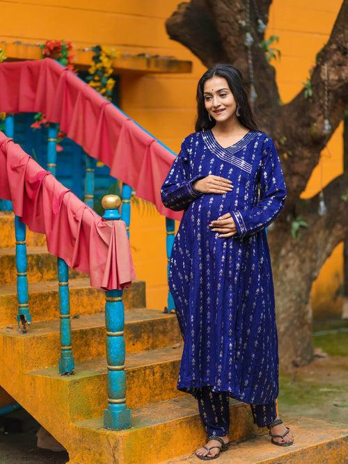 Navy Blue Woolen Zari Buti Maternity Feeding Flared Kurta Set