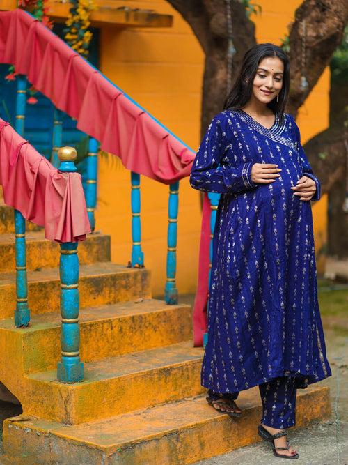 Navy Blue Woolen Zari Buti Maternity Feeding Flared Kurta Set