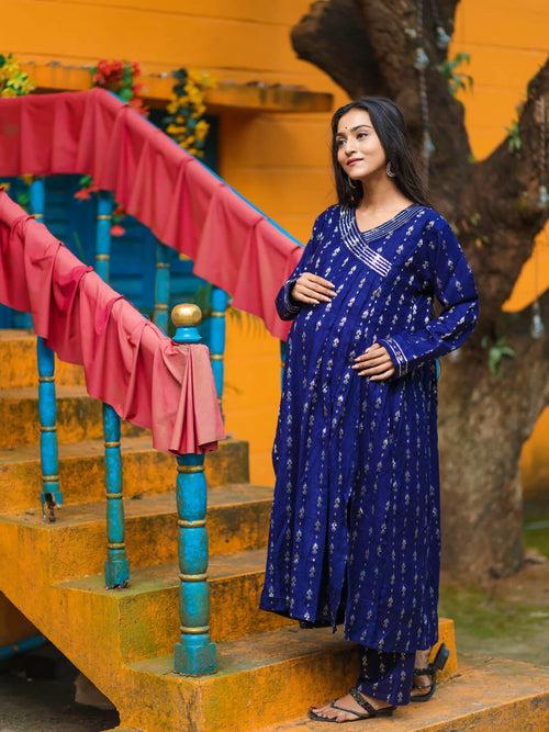 Navy Blue Woolen Zari Buti Maternity Feeding Flared Kurta Set