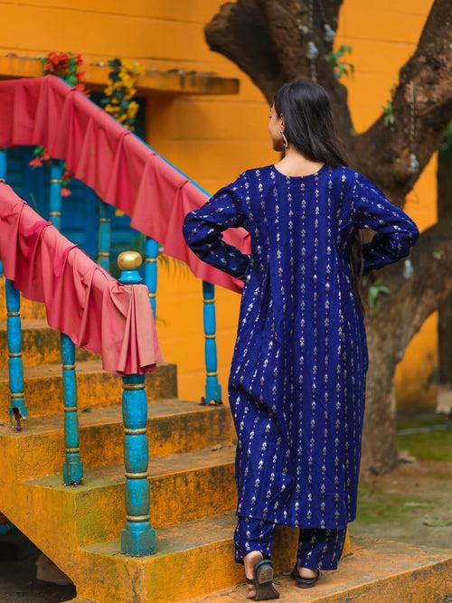 Navy Blue Woolen Zari Buti Maternity Feeding Flared Kurta Set