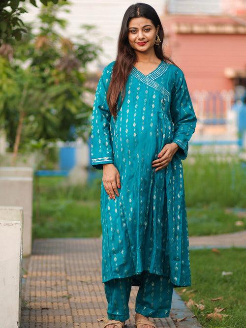 Sea Green Woolen Zari Buti Maternity Feeding Flared Kurta Set