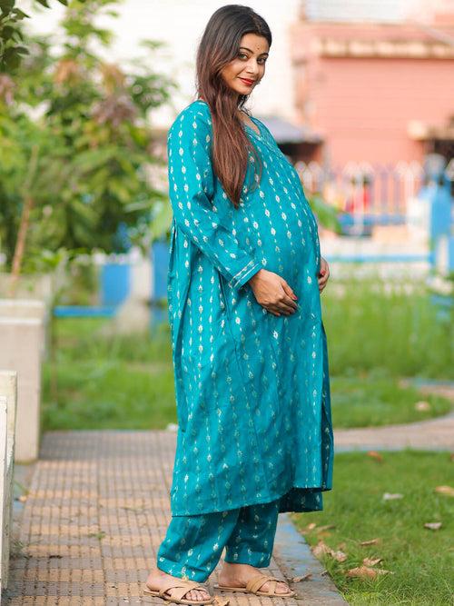 Sea Green Woolen Zari Buti Maternity Feeding Flared Kurta Set