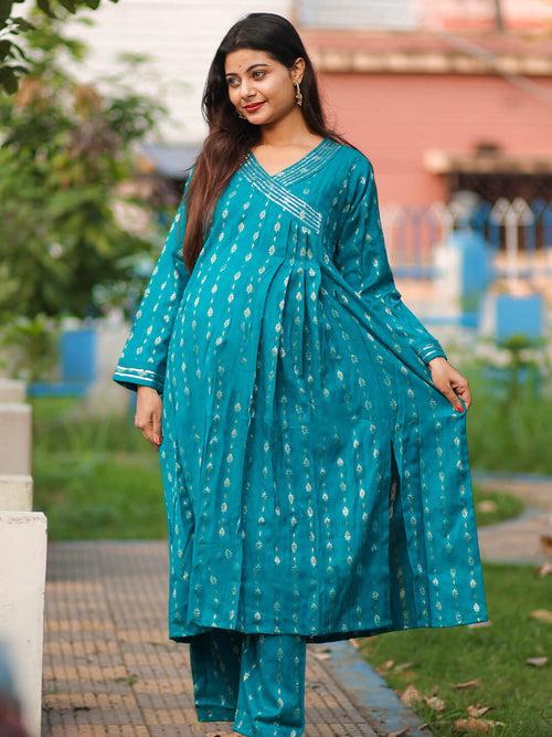 Sea Green Woolen Zari Buti Maternity Feeding Flared Kurta Set