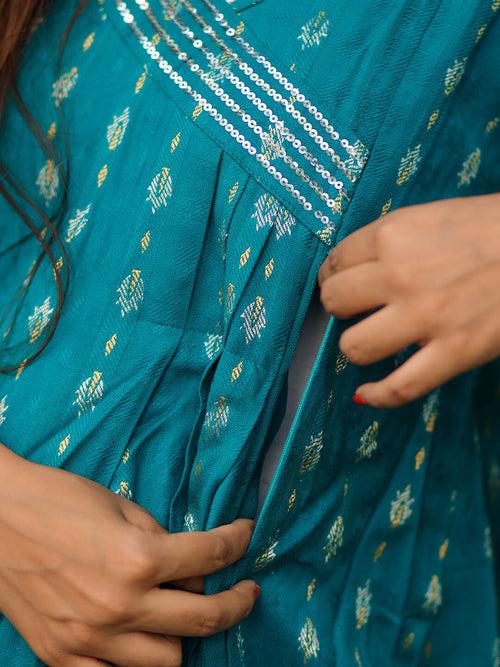 Sea Green Woolen Zari Buti Maternity Feeding Flared Kurta Set