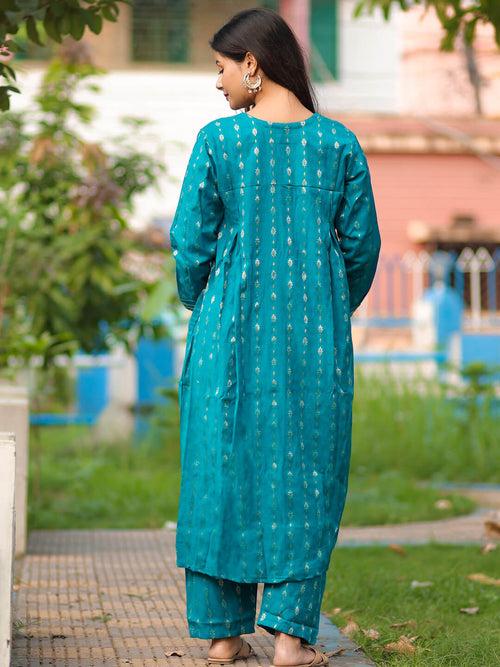 Sea Green Woolen Zari Buti Maternity Feeding Flared Kurta Set