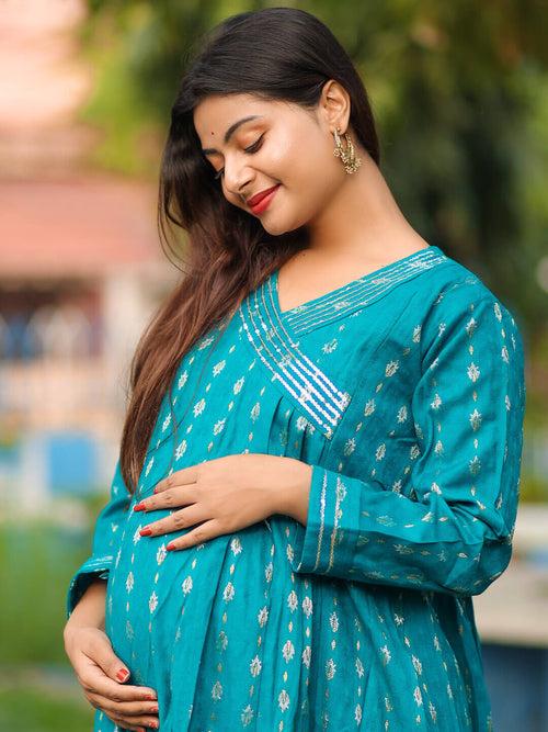 Sea Green Woolen Zari Buti Maternity Feeding Flared Kurta Set