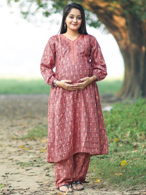 Brown Woolen Digital Printed Maternity Feeding Flared Kurta Set