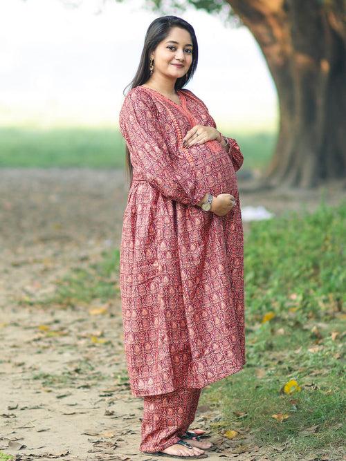 Brown Woolen Digital Printed Maternity Feeding Flared Kurta Set