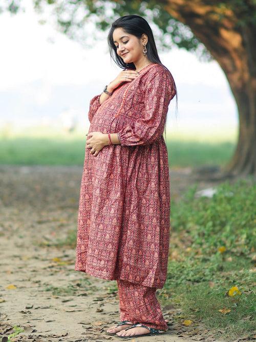 Brown Woolen Digital Printed Maternity Feeding Flared Kurta Set