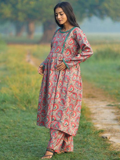 Peach Woolen Digital Printed Maternity Feeding Flared Kurta Set