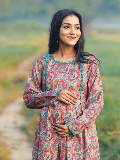 Peach Woolen Digital Printed Maternity Feeding Flared Kurta Set