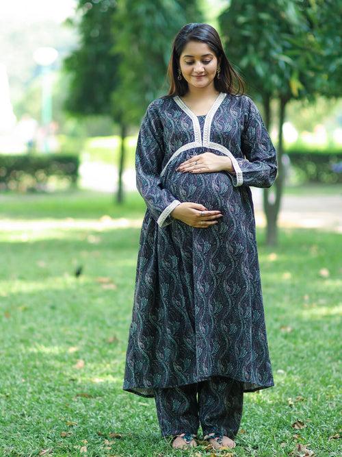 Black Woolen Digital Printed Maternity Feeding Flared Kurta Set