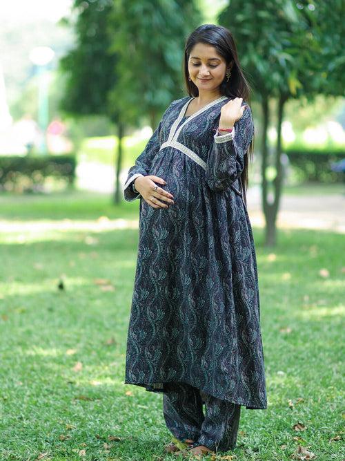 Black Woolen Digital Printed Maternity Feeding Flared Kurta Set