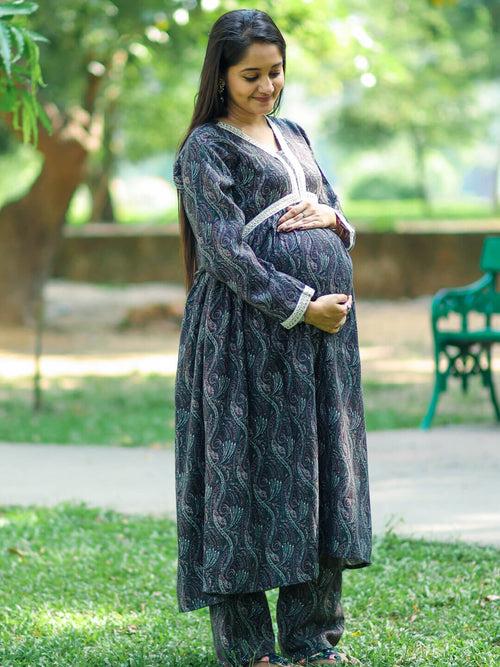 Black Woolen Digital Printed Maternity Feeding Flared Kurta Set