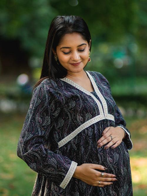 Black Woolen Digital Printed Maternity Feeding Flared Kurta Set