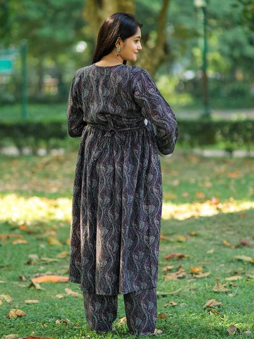 Black Woolen Digital Printed Maternity Feeding Flared Kurta Set