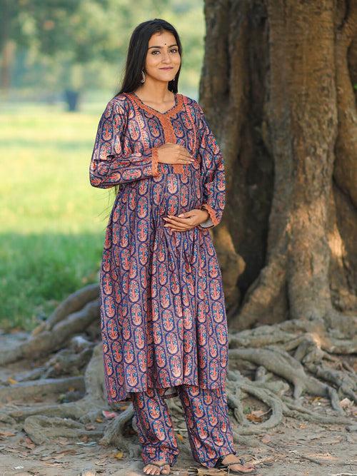 Navy Blue Woolen Digital Printed Maternity Feeding Flared Kurta Set