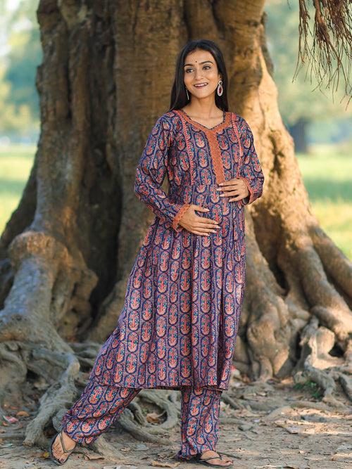 Navy Blue Woolen Digital Printed Maternity Feeding Flared Kurta Set