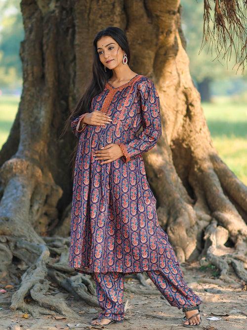 Navy Blue Woolen Digital Printed Maternity Feeding Flared Kurta Set