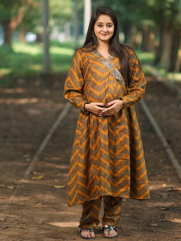 Mustard Multi Self Woven Woolen Maternity Feeding Flared Kurta Set