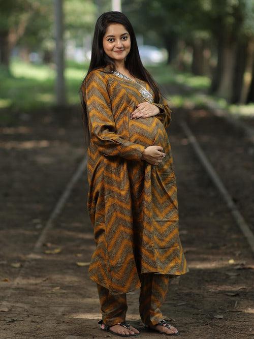 Mustard Multi Self Woven Woolen Maternity Feeding Flared Kurta Set