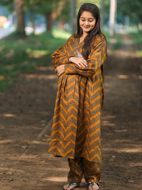 Mustard Multi Self Woven Woolen Maternity Feeding Flared Kurta Set