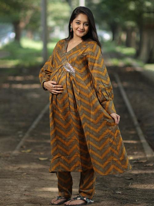 Mustard Multi Self Woven Woolen Maternity Feeding Flared Kurta Set