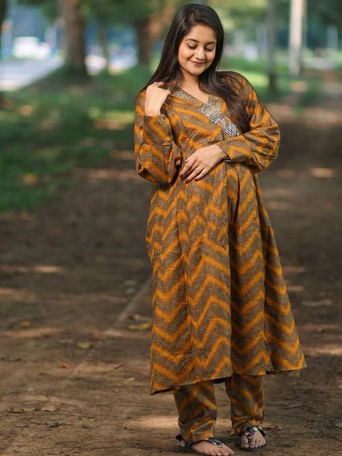 Mustard Multi Self Woven Woolen Maternity Feeding Flared Kurta Set