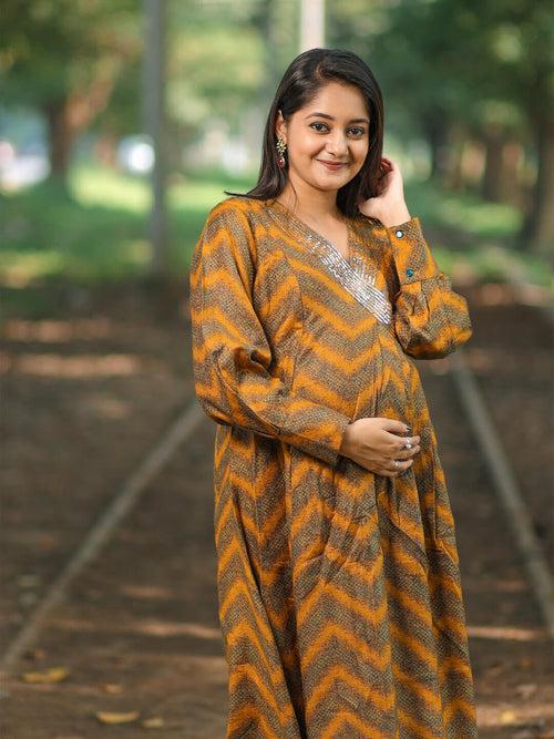 Mustard Multi Self Woven Woolen Maternity Feeding Flared Kurta Set