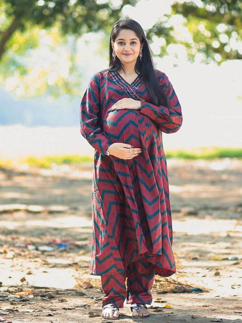 Maroon Black Self Woven Woolen Maternity Feeding Flared Kurta Set