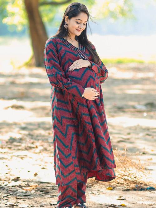 Maroon Black Self Woven Woolen Maternity Feeding Flared Kurta Set