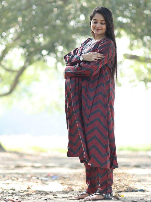 Maroon Black Self Woven Woolen Maternity Feeding Flared Kurta Set