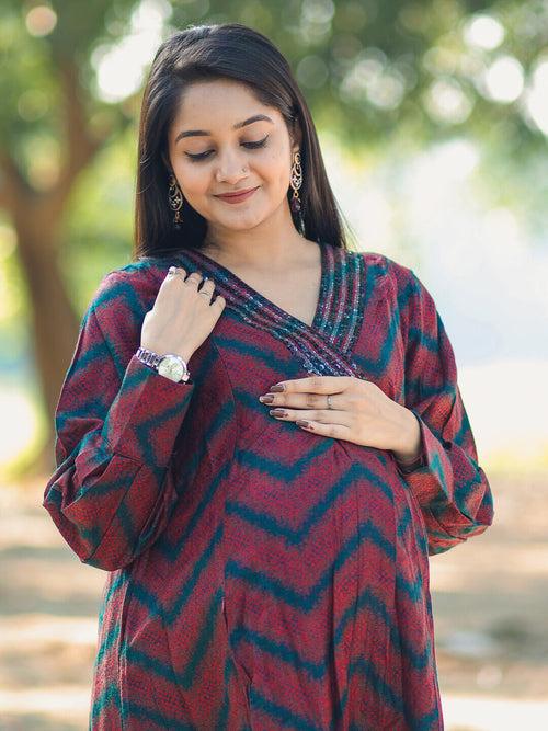 Maroon Black Self Woven Woolen Maternity Feeding Flared Kurta Set