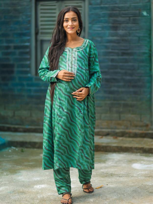 Green Self Woven Woolen Maternity Feeding Flared Kurta Set