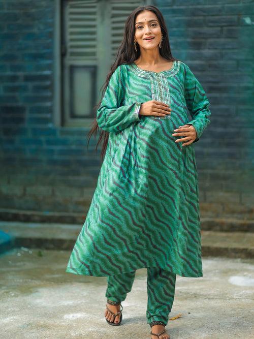 Green Self Woven Woolen Maternity Feeding Flared Kurta Set